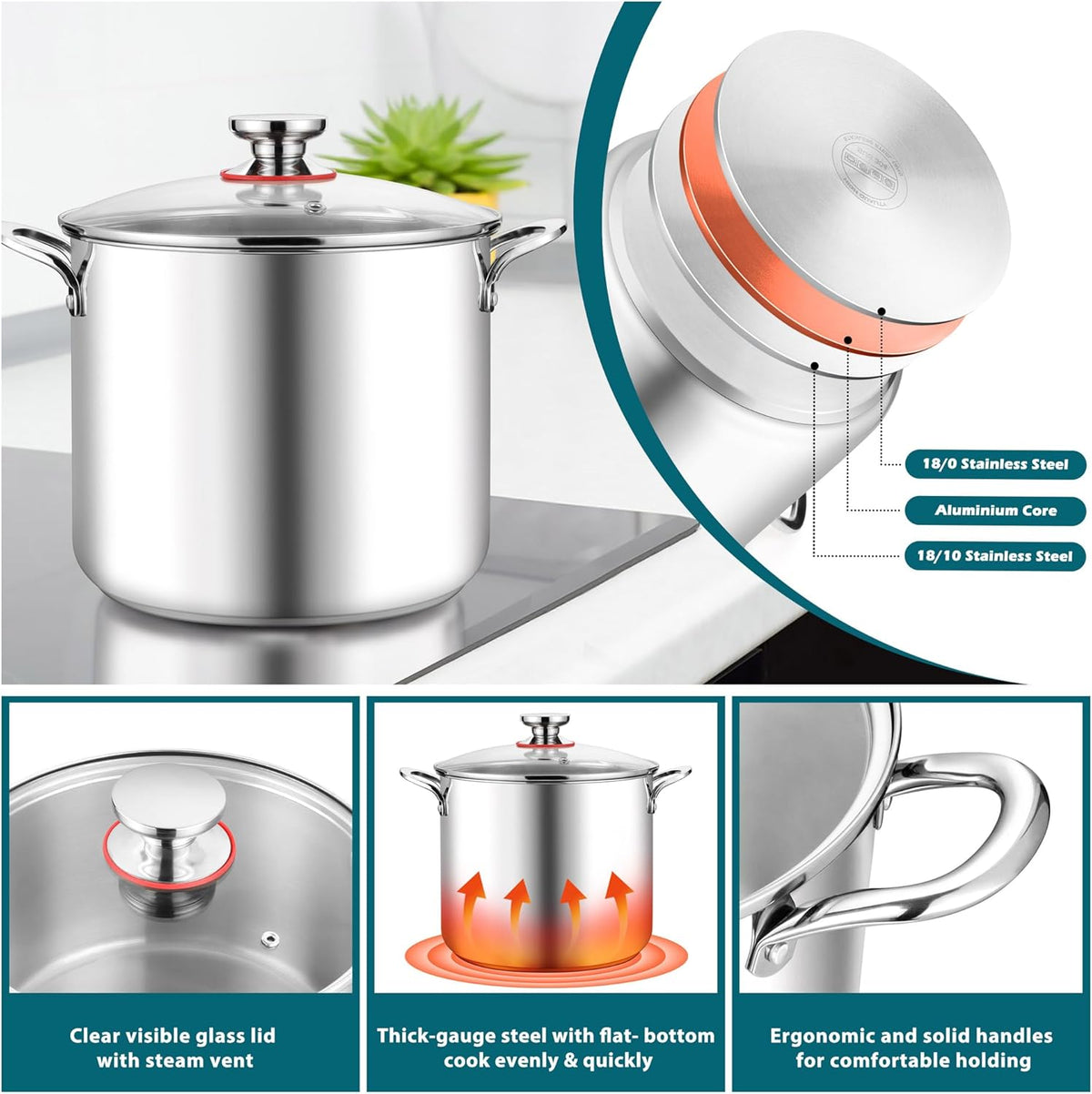 E-far 10 Quart Stock Pot, Large Tri-Ply Stainless Steel Soup Pot with Glass Lid and Riveted Handles, Tall Induction Cooking Pot for Canning/Simmering/Stewing, Heavy Duty & Dishwasher Safe