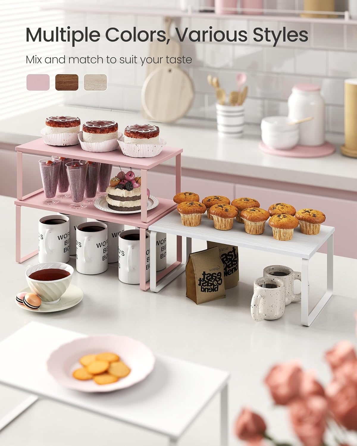 SONGMICS Cabinet Organizer Shelf, Set of 2 Kitchen Counter Shelves, Kitchen Storage, Spice Rack, Stackable, Expandable, Metal and Engineered Wood, Jelly Pink UKCS025S01