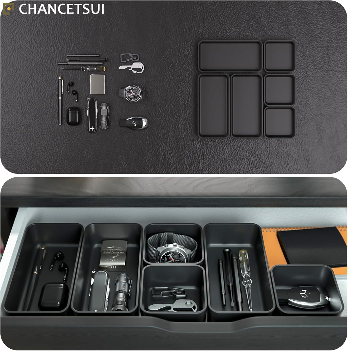 6 Pcs Stackable Drawer Organizer Set Desk Drawer Dividers, Bathroom Vanity Cosmetic Makeup Trays , Multipurpose Plastic Storage Bins for Jewelries, Kitchen Gadgets and Office Accessories, Black