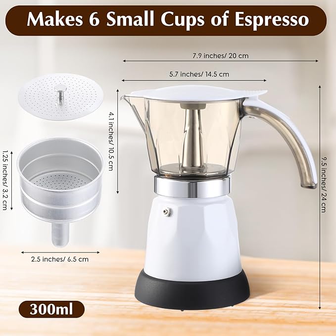 Electric Espresso Maker Transparent Coffee Maker Electric Moka Pot Portable Aluminum Espresso Machine Italian Moka Pot with Detachable Base, Coffee Gift for Women Men Home Travel (White,6 Cup)