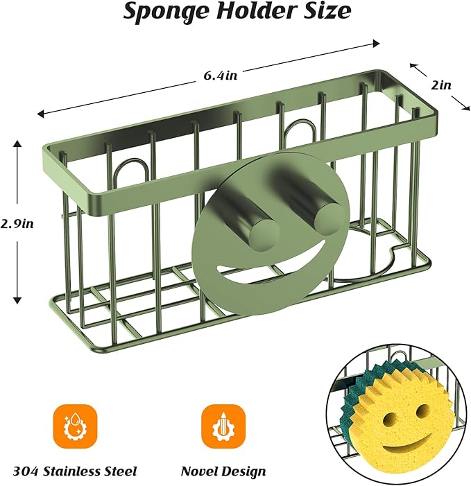Sponge Holder Smiley Face,Sink Caddy,Sink Organizer with 2 Suction Cups/1 Adhesive Strips,Designed for Sponge,Soap,Dish Brush,Scrubber - Green