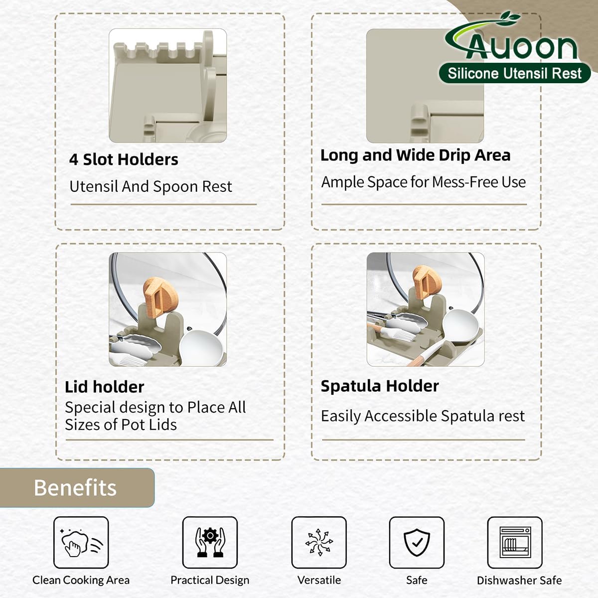 AUOON Spoon Holder for Stove - Silicone Spoon and Lid Rest with Drip Pad Kitchen Utensil Rest for Spoons, Ladles, Spatulas, Tongs & More (Milk Shake, Large)