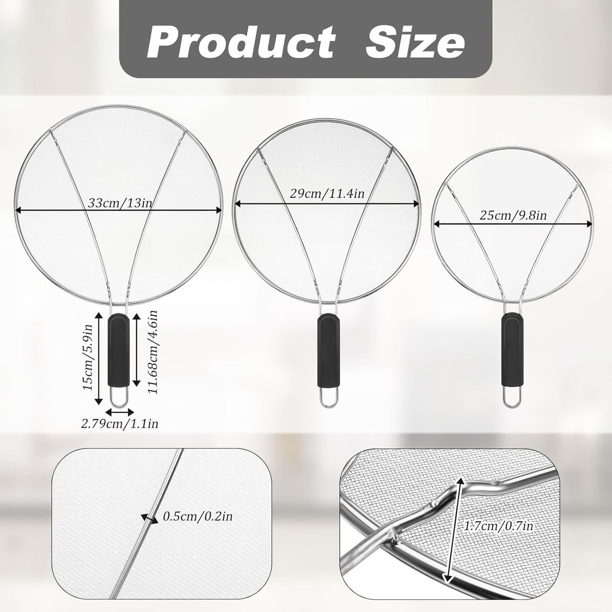 Splatter Screen for Cooking - Stainless Steel Grease Splatter Guard for Frying Pan, Ultra Fine Mesh Lids Set of 3(9.8", 11.4", 13")