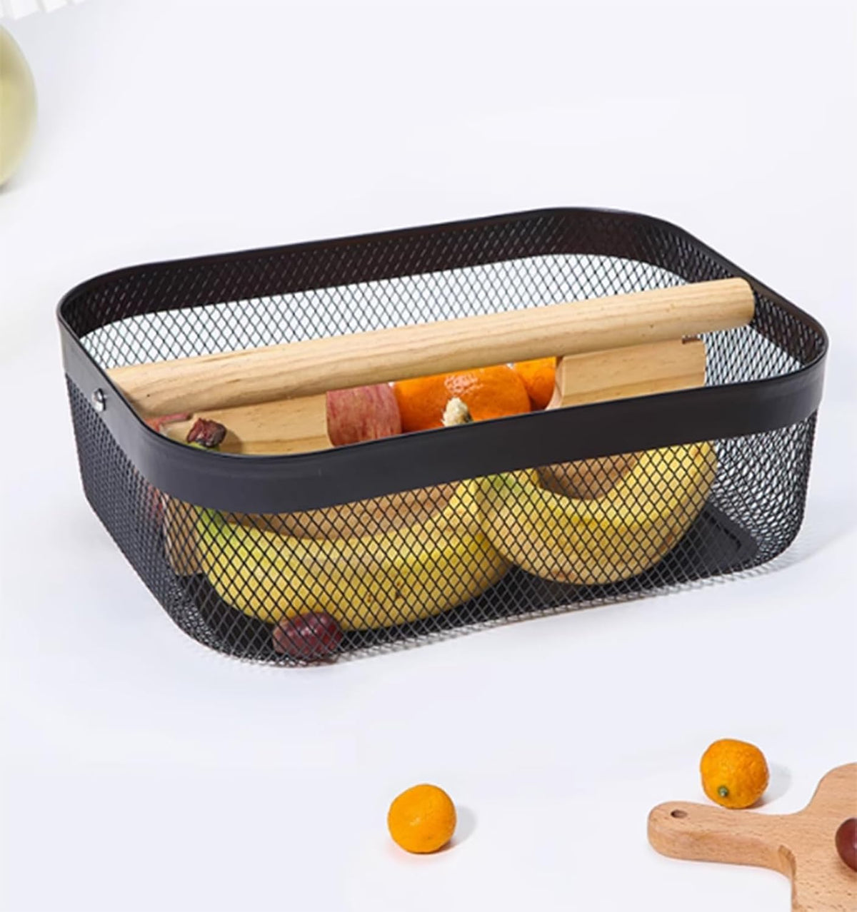 Metal Mesh Steel Storage Basket, Garden Harvest Wire Organizer Basket Multi-functional Kitchen Fruit Basket with Wooden Removable Partition & Handle for Bathroom Picnic Decor Cabinet, Black