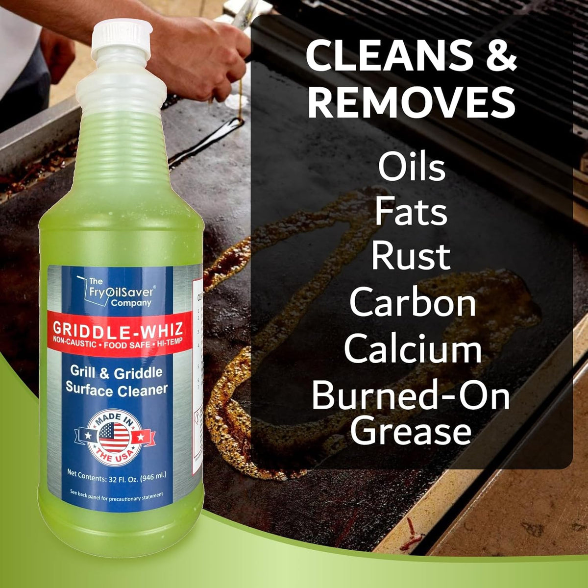 Griddle-Whiz 3 Piece Griddle Cleaning Kit | Liquid Grill Cleaner w/Griddle Scraper & Scrubber Pad for Flat Top Grills | For Blackstone Accessories by FryOilSaver (32oz Bottles)
