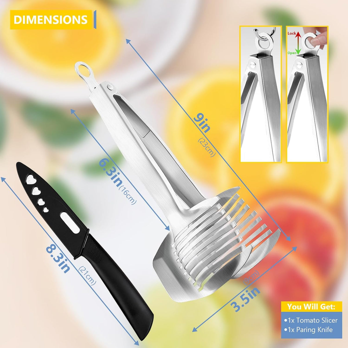 KAYCROWN Tomato Slicer Holder with Paring Knife Set, Stainless Steel Lemon Slicer Cutter for Slicing, Onion Holder for Slicing, Vegetable Cutter for Tomato, Lemon