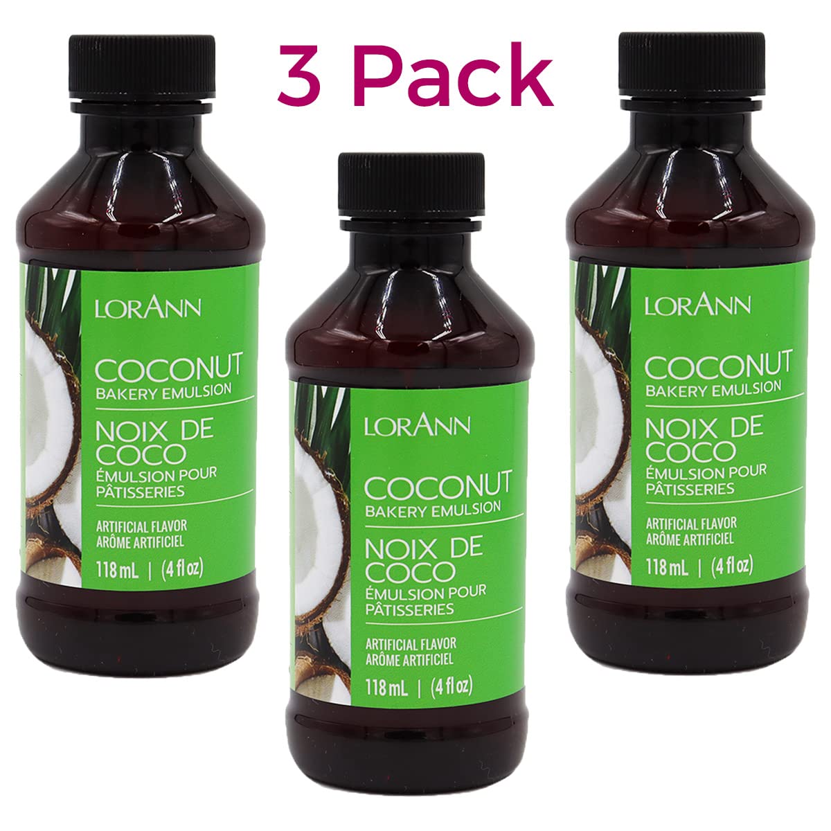 LorAnn Oils Coconut Bakery Emulsion: True Essence, Ideal for Boosting Fruit Tones in Cakes, Cookies & Desserts, Gluten-Free, Keto-Friendly, Extract Substitute Essential for Your Kitchen, 4 Oz, 3 Pack