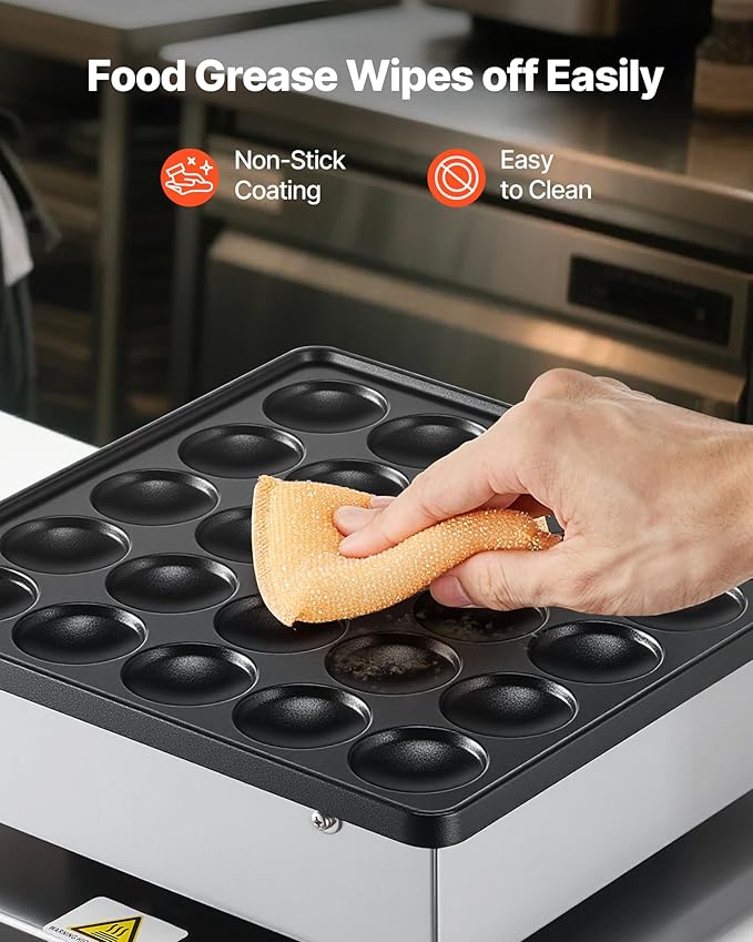 VEVOR Mini Pancake Maker, 25PCS 43mm Diameter Dutch Muffin Waffle Baker, Non-stick Stainless Steel Poffertjes Grill, Commercial Electric Dorayaki Machine, Temp & Time Control, Home Kitchen Restaurant