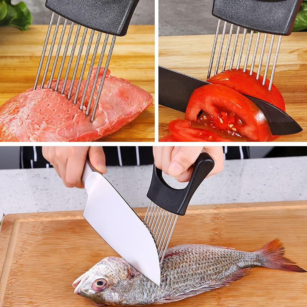 Onion Cut Tomato Slicer Lemon Handy Kitchen Slicing Tool With 10 Even Prongs For Onion Lemon Potato Tomato Slices And Can Be Used To Assist In Cutting Fish, Meat Or Loosen Meat (Black)