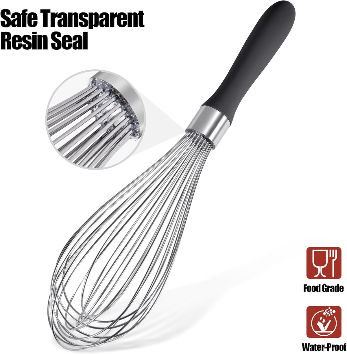 18/8 Stainless Steel Balloon Whisk, Doosu Kitchen Whisk for Cooking Handheld Egg Beater with Rust-Proof Sturdy Wires & Non-Slip Silicone Handle for Beating, Stirring, Blending (12 Wires, Black)