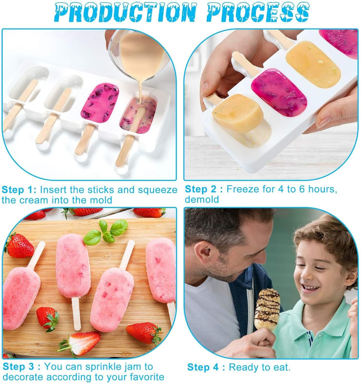 2 Small Mini Popsicles Molds, Cakesicle Molds Silicone Cake Pop Mold 4 Cavities With 100 Wooden Sticks & 100 Parcel Bags DIY Ice Cream Mold