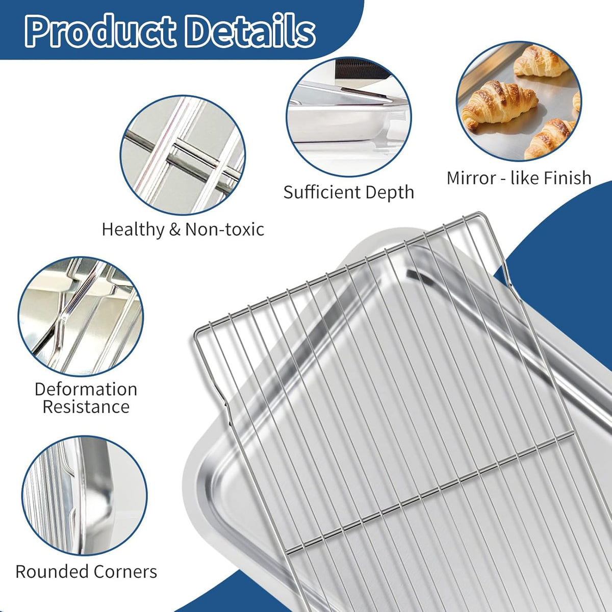 Baking Sheet with Rack Set of 4 (2 Pans + 2 Racks), 16 x 12 x 1 Inch Stainless Steel Cookie Pan with Cooling Rack, Non Toxic & Dishwasher Safe & Easy Clean for Baking, Cooling, Meats, Veggies