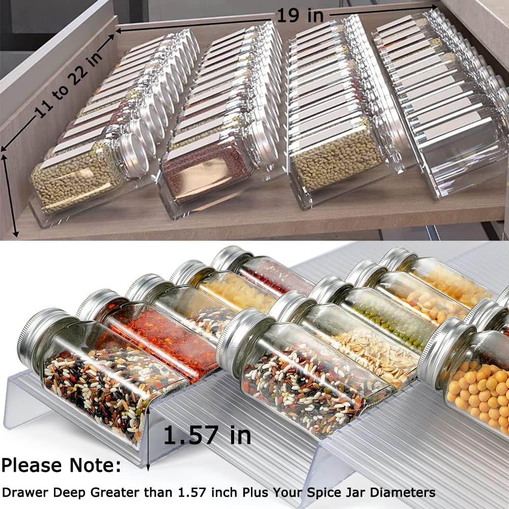 Spice Drawer Organizer, 4 Tier- 8Pack Clear Acrylic Drawer Spice Rack, Spice Organization for Drawer,Spice Rack for Kitchen Drawers (Expands from 11'' to 22'')