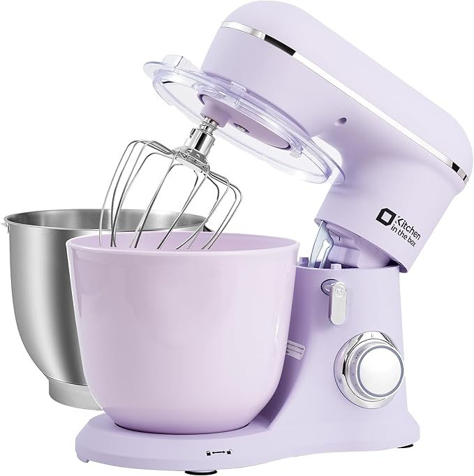 Kitchen in the box Stand Mixer, 4.5QT+5QT Two bowls Electric Food Mixer, 10 Speeds 3-IN-1 Kitchen Mixer for Daily Use with Egg Whisk,Dough Hook,Flat Beater (Lilac, 5QT)