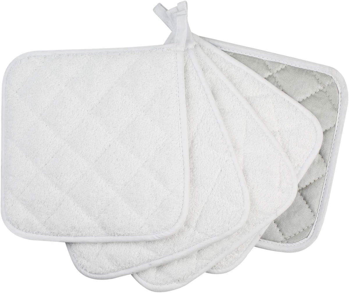 100% Cotton Kitchen Everyday Basic Terry Pot Holder Heat Resistant Coaster Potholder for Cooking and Baking Set of 5 White
