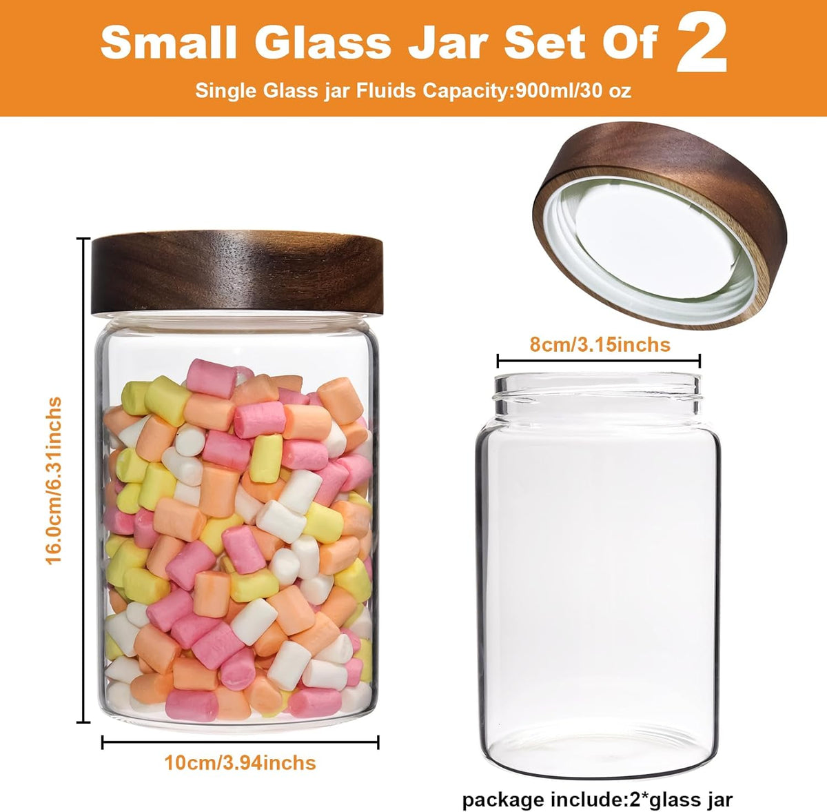 Glass Coffee Jars Spice Jar Round Storage Canister with Wooden Lid Clear Glass Food Jar for Pantry Sugar Tea Coffee Bean Spice Nuts Cookies Bath Salts (900ML*2PACK)
