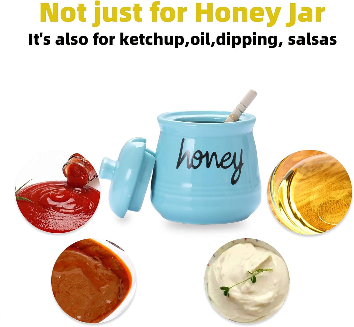 Honey Jar with Dipper and Lid, Ceramic Honey Pot 12oz, Turquoise