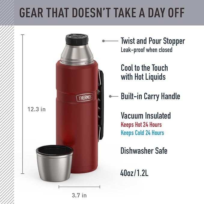 THERMOS Stainless King Vacuum-Insulated Beverage Bottle, 40 Ounce, Rustic Red