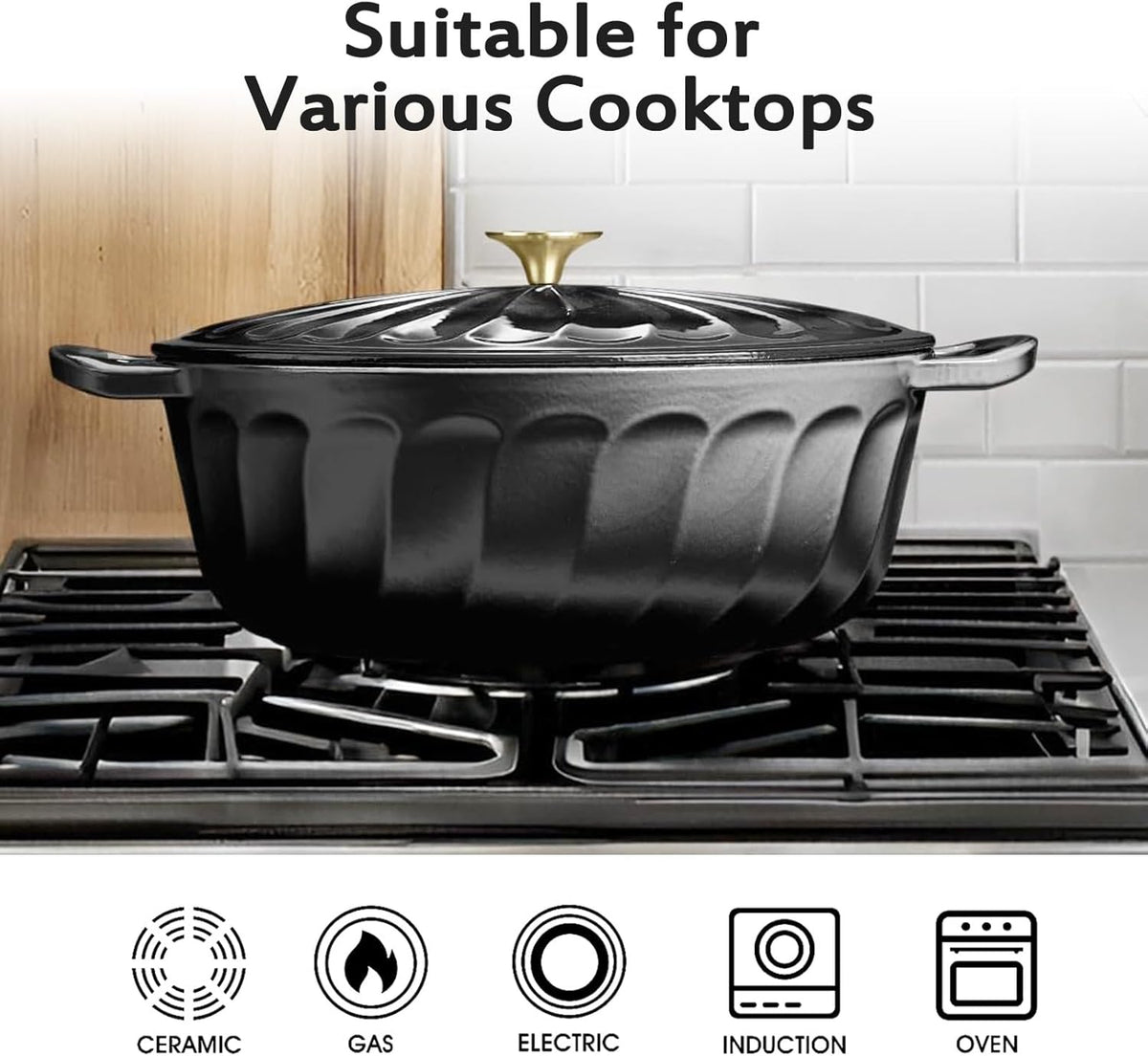 Enameled Oval Dutch Oven Pot with Lid, 7 QT Cast Iron Dutch Oven with Dual Handles for Cooking, Bread Baking, Frying, Non-stick Enamel Coated Oven (Black)