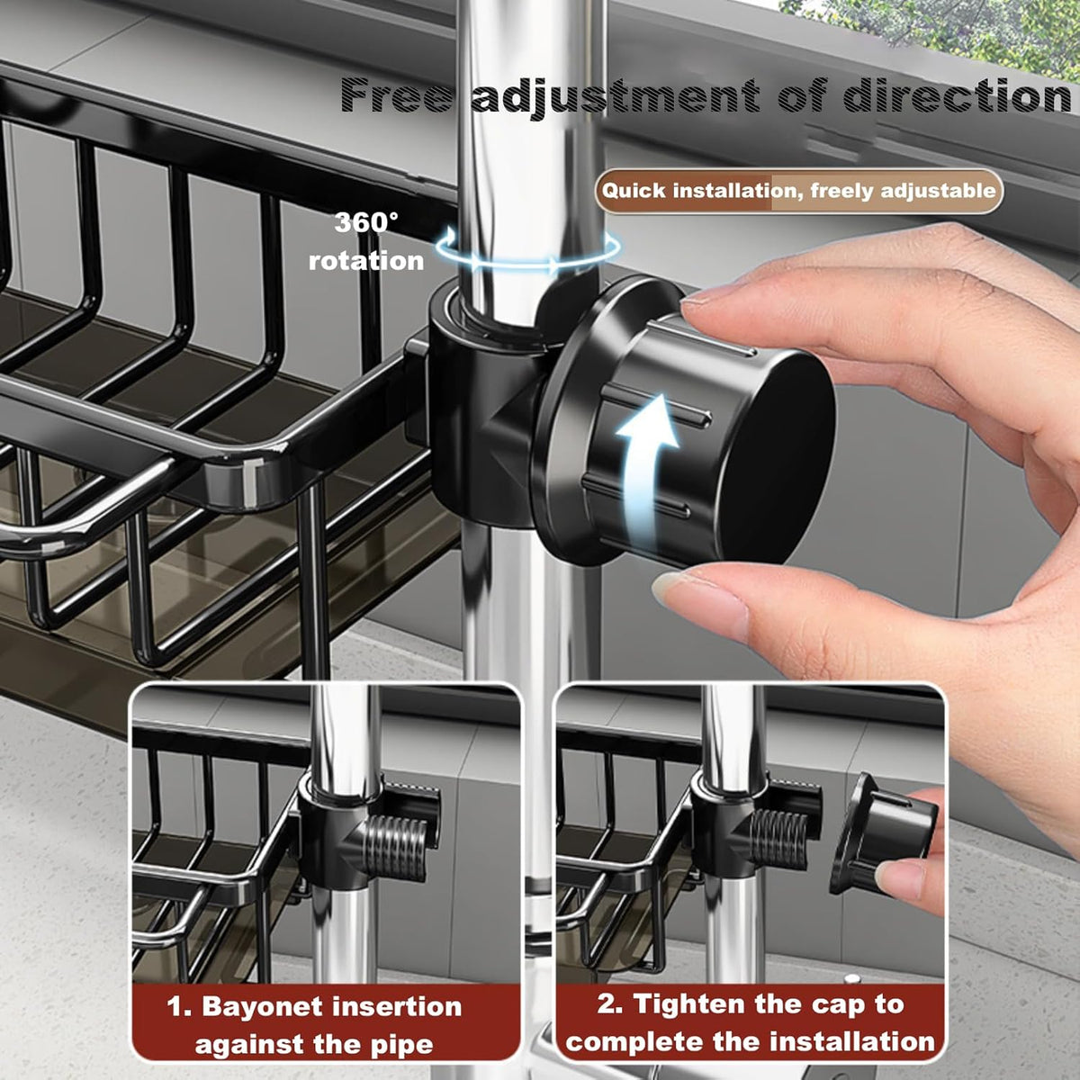 Sink Organizer Rack for Kitchen and Bathroom,Stainless Steel Detachable Hanging Faucet Drain Rack with Drip Tray Faucet Sponge Holder for Bathroom (Black, L&R as One)