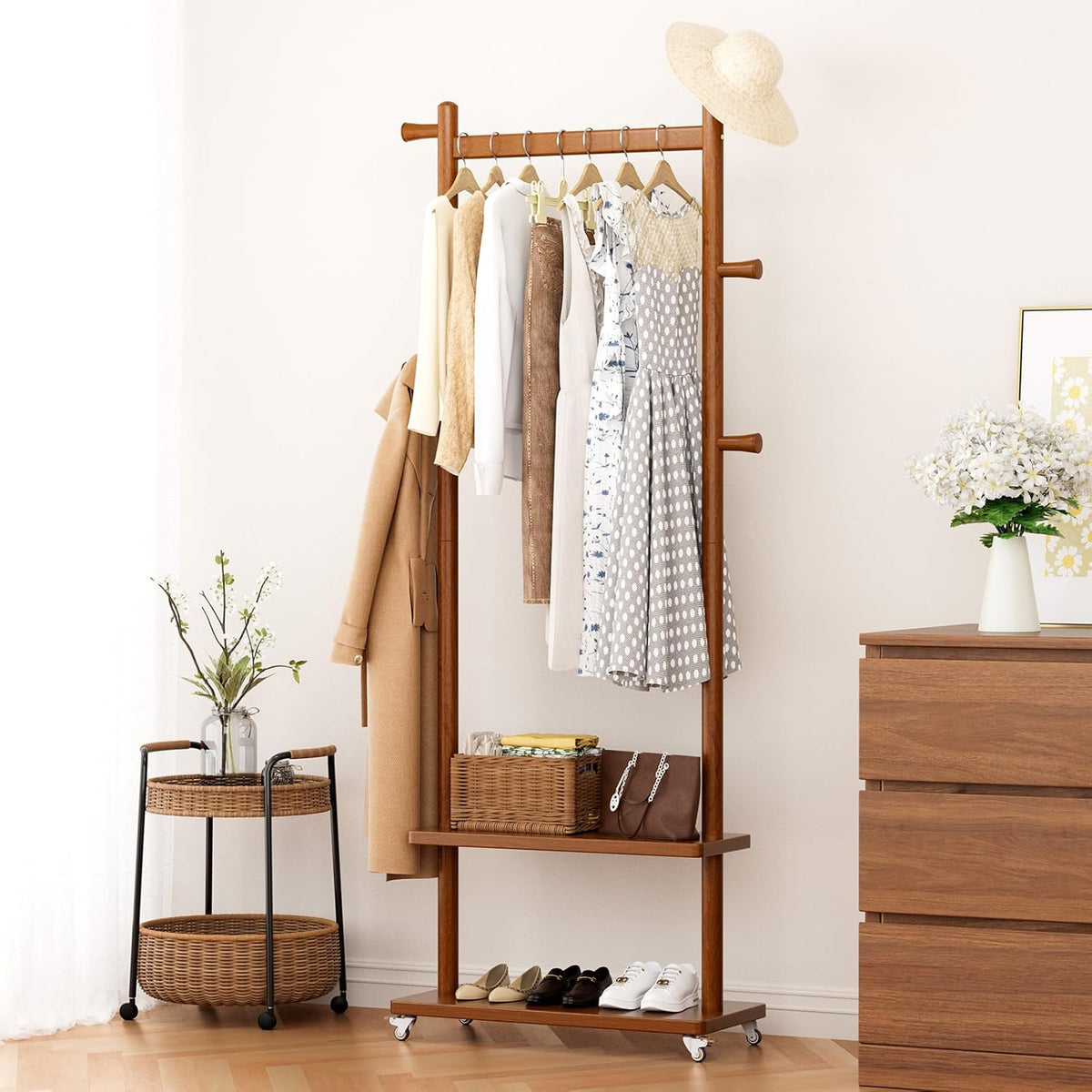 Coat Rack Freestanding Clothing Rack with Wheels & 2 Shelves Storage & 5 Hooks Heavy Duty Clothes Rack Wood Coat Tree Stand Hat Hanger Rack for Corner Bedroom Entryway Living Room Hotel Size L