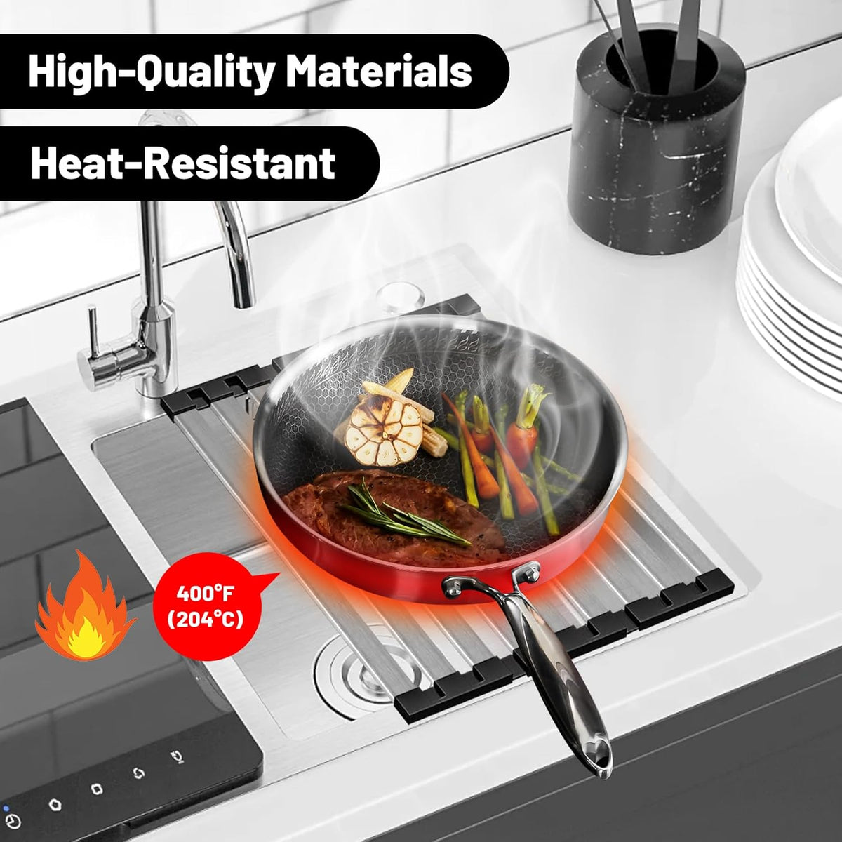 17.5" X 13" Roll Up Dish Drying Rack, 304 Stainless Steel Over Sink Dish Drying Rack, Foldable Heat-Resistant Dishes Drainer for Kitchen and RV Sink Counter, Black