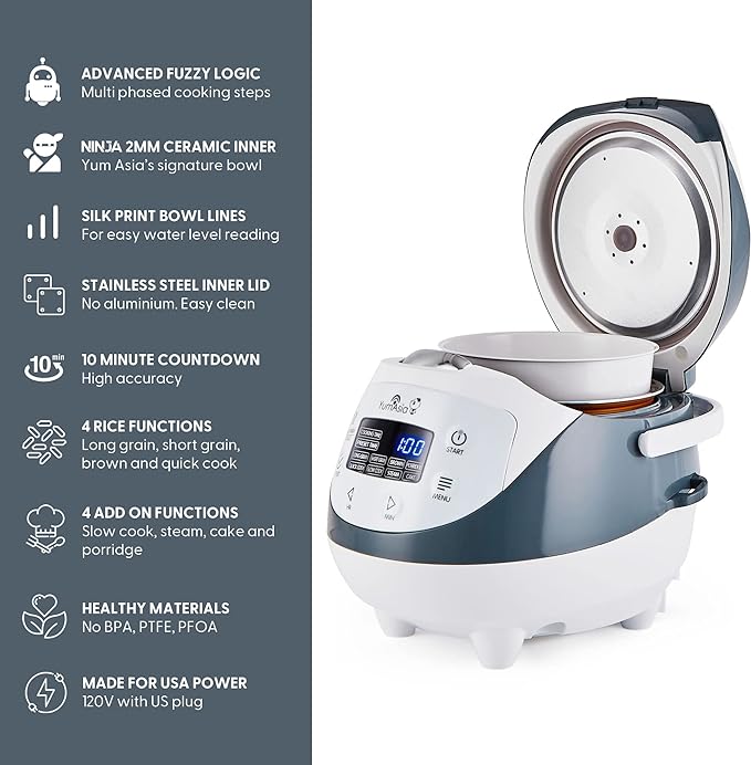Yum Asia Panda Mini Rice Cooker With Ninja Ceramic Bowl and Advanced Fuzzy Logic (3.5 cup, 0.63 litre) 4 Rice Cooking Functions, 4 Multicooker functions, Digital LED display - 120V