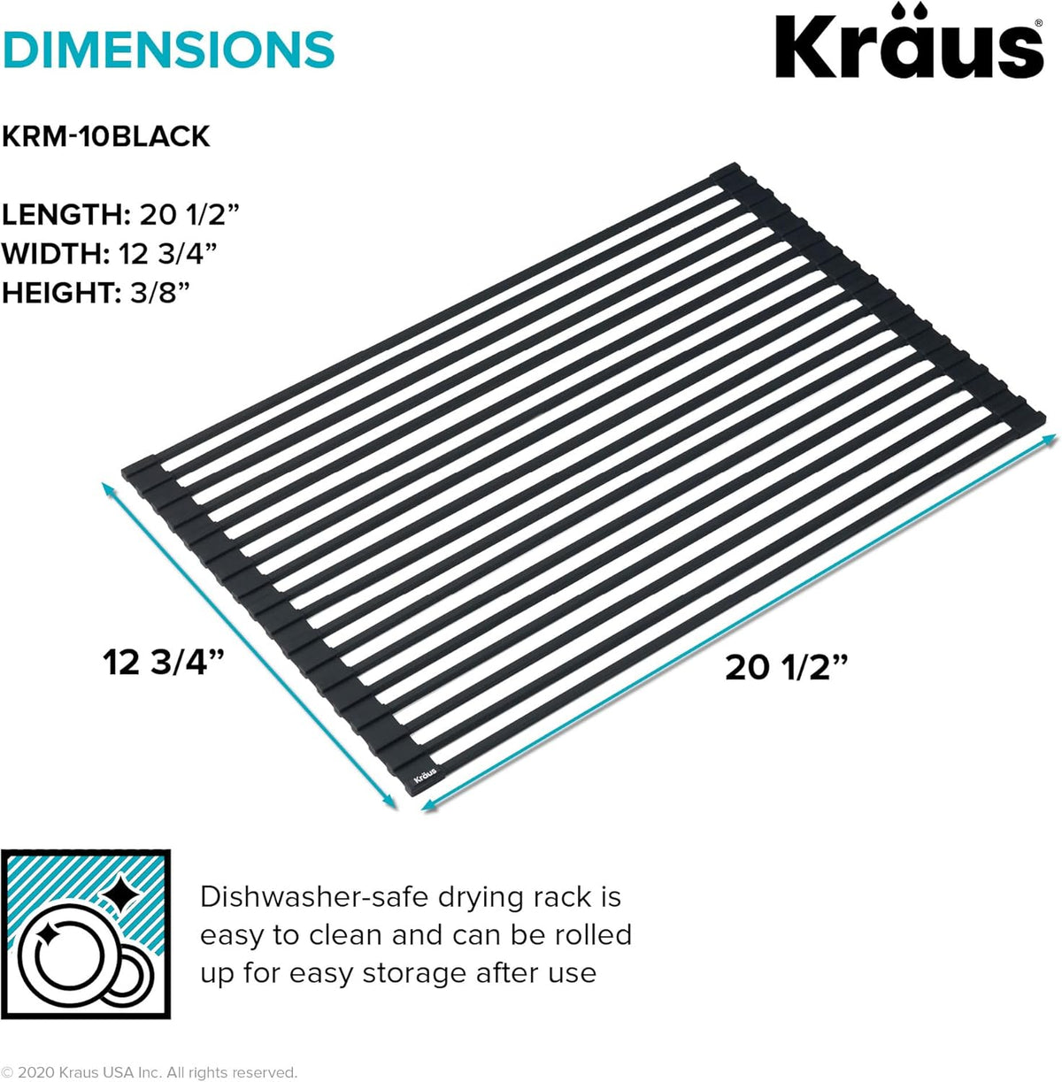 Kraus Roll Up Dish Drying Rack with Self-Draining Silicone Dish Drying Mat and Silicone Soap Dish Holder in Black, KDM-KRM-10BL
