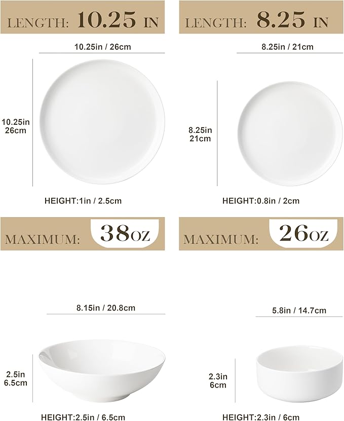 MALACASA Plates and Bowls Sets, 24 Pieces Modern Porcelain Dinnerware Set for 6 Ceramic Dishware Dishes White Kitchen Dinner Dining Ware Set Microwave and Dishwasher Safe, Series LUNA