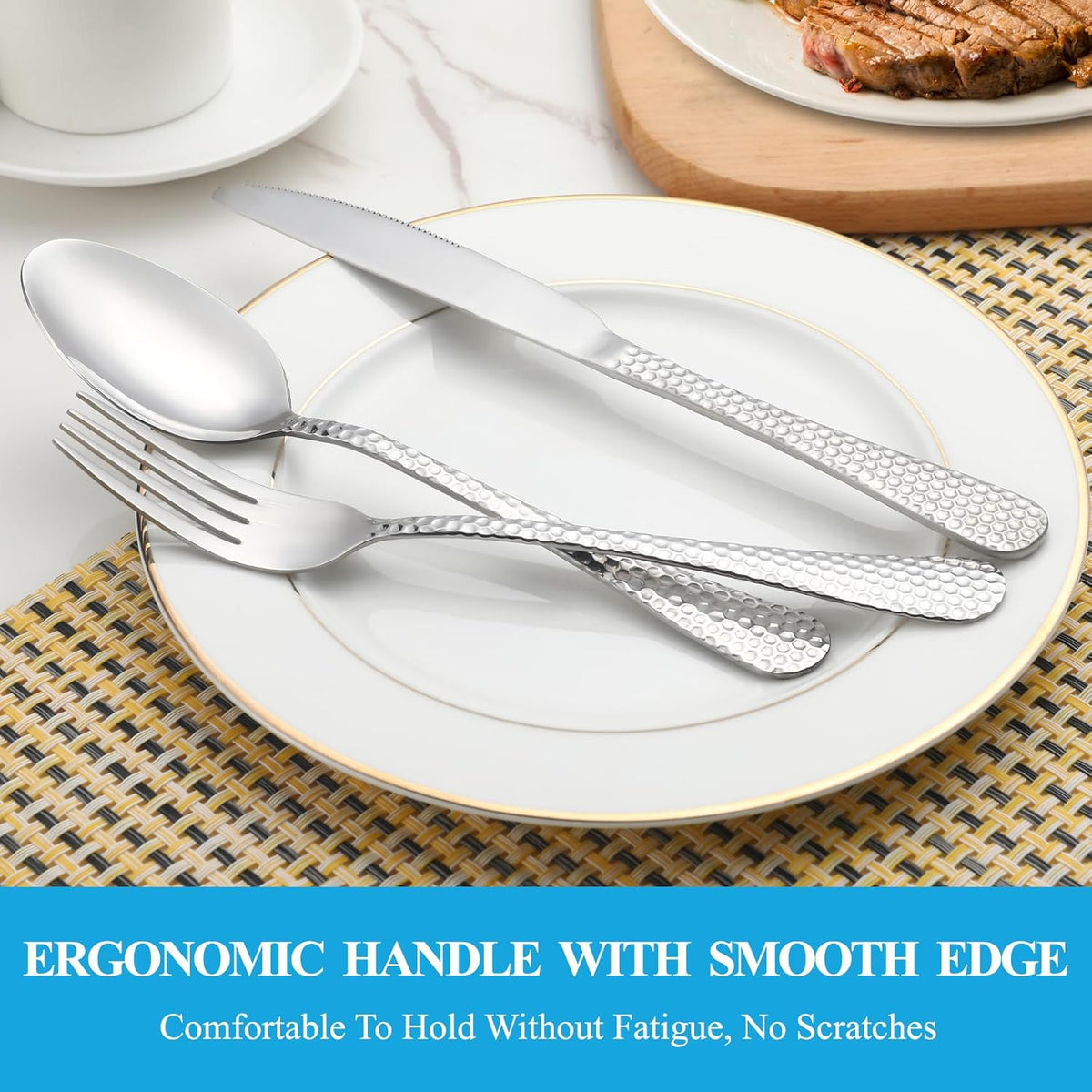 30 Pcs Hammered Silverware Set Service for 6,Stainless Steel Flatware Set,Mirror Polished Cutlery Utensil Set,Durable Home Kitchen Eating Tableware Set,Include Fork Knife Spoon Set,Dishwasher Safe