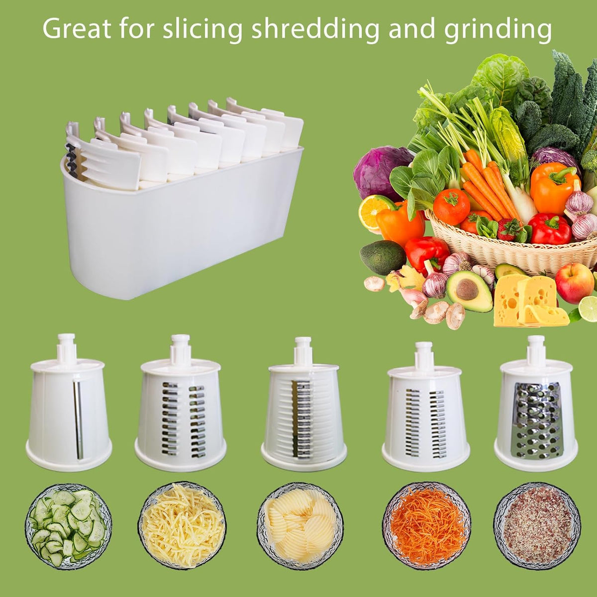 Rotary Cheese Grater,Multifunction 5 In 1 Chopper Vegetable Cutter Slicer, Round Mandoline Drum Slicer,Cheese Shredder,Grater With Handle,Easy to Clean Kitchen Gadgets with Storage Box