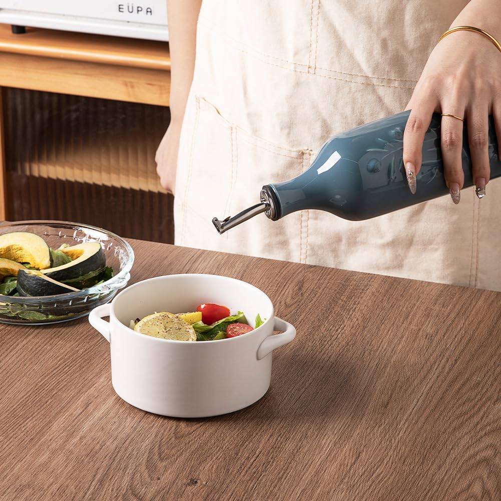 Sweejar Large Olive Oil Dispenser Bottle with Spout, 24 Oz Ceramic Oil Dispenser for Kitchen, Relief Opaque Oil Cruet, Oil Container for Cooking, EVOO, Avocado Oil, Vinegar, Pack of 1(Fog Blue)