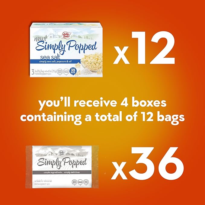 Jolly Time Simply Popped, Vegan, Dairy Free Microwave Popcorn, 3oz Sharing Bag, 3 Bags Per Carton (Simply Popped Sea Salt, 3 Ounce (Pack of 36))