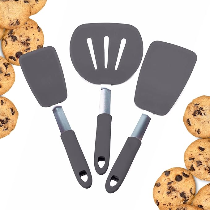 StarPack Premium Flexible Silicone Spatula Set - 3 Spatulas for Nonstick Cookware - 600°F High Heat Resistance Spatula Set - Spatulas for Kitchen Use for Fish, Eggs, Pancakes & Cookies (Stormy Grey)