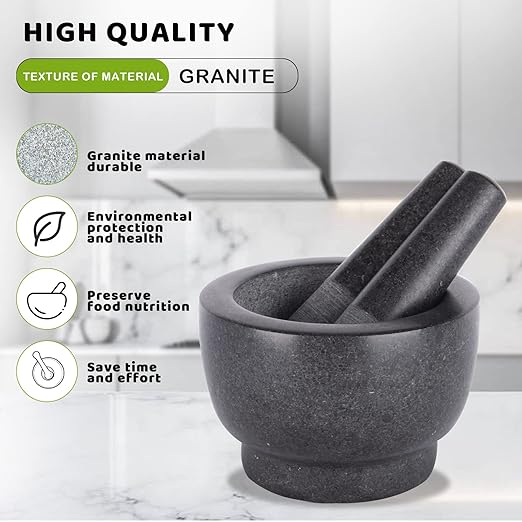 Mortar and Pestle Set,Heavy Duty,Unpolished Granite,6Inch-2Cup Capacity,Grinder for Spices and Seeds,Grinding,Crushing and Mashing Spices,Nuts,for Guacamole,Garlic Sauce,Black..