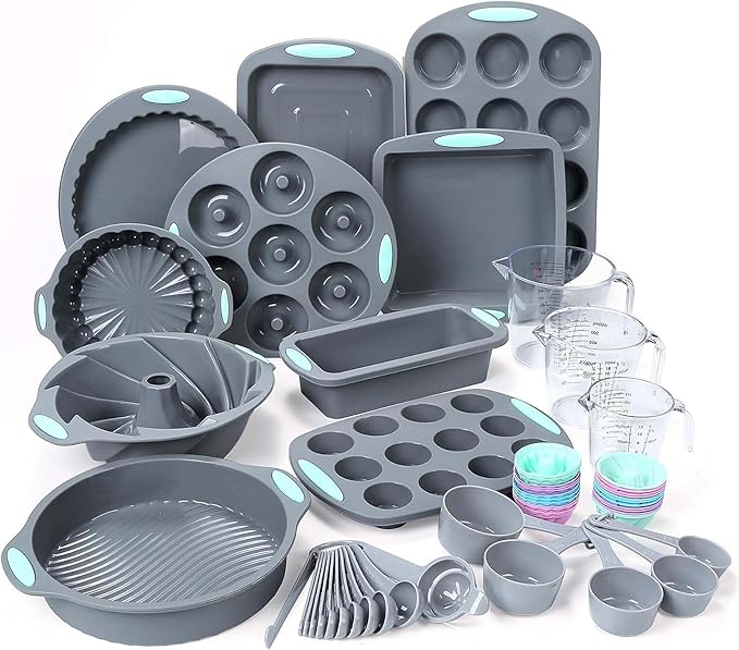 Tongjude 54 Pieces Silicone Baking Pans Set, 10 Silicone Cake Molds, Loaf Pan and Muffin Pans, Non-Stick Baking Cup, with Measuring Cups and Spoons Set, Grey