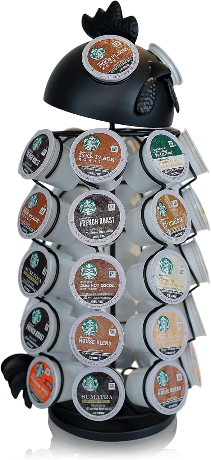 Made Easy Kit Carousel Coffee Pod Holder, Compatible with Keurig K-Pods K-Cups, Countertop Rack Storage Organizer, Metal Home and Kitchen Decor, Capsule Café Station Bar (Large, Black Rooster)