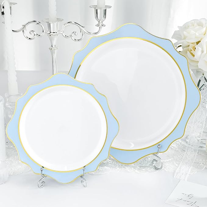 100 PCS White and Blue Disposable Plates for 50 Guests, Scalloped Plastic Plates Include 50 Dinner Plates and 50 Dessert Plates for Party, Wedding and Graduation