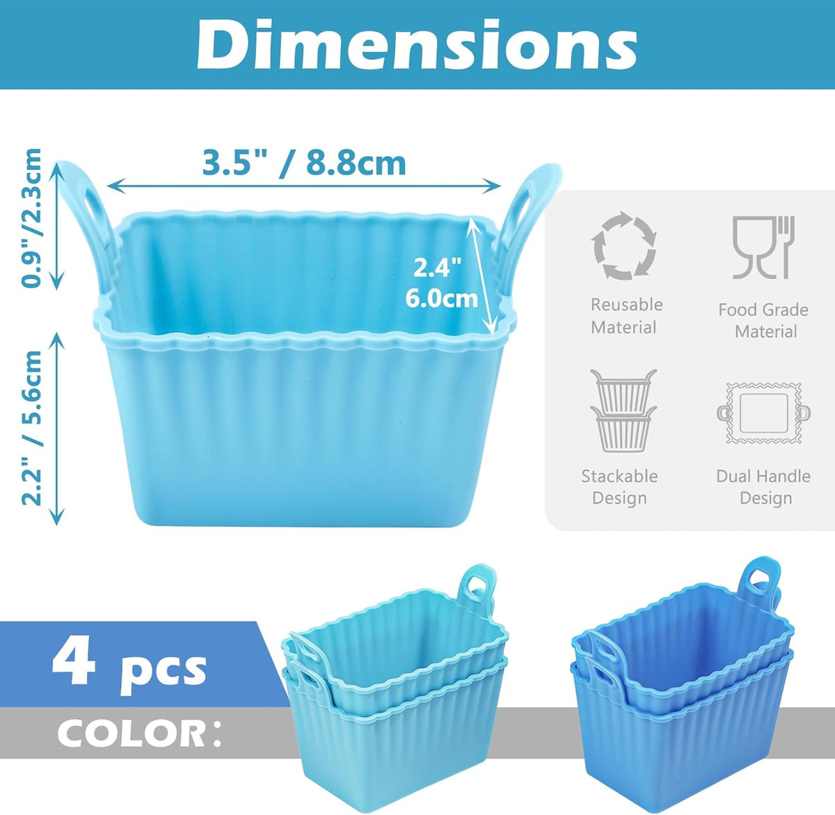 Koluti Nonstick Silicone Muffin Baking Cups Pack of 4, Reusable Cupcake Molds with Double Handle, BPA Free, Small Rectangle Air Fryer Cupcakes Liner, 2 Colors
