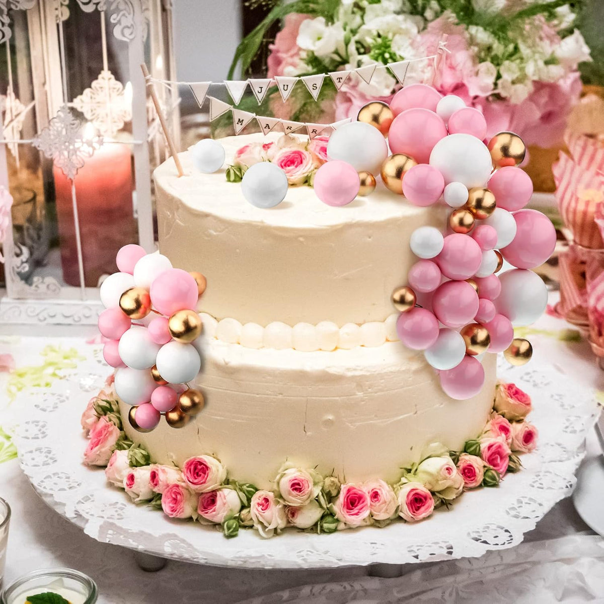 108 Pcs Balls Cake Topper DIY Cupcake Insert Foam Balloons for Cake Baking Wedding Anniversary Birthday Decoration(Pink, White, Gold,Multi Sizes)