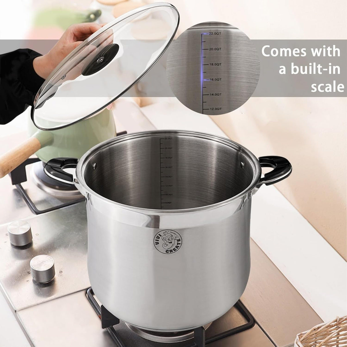 VivicreateStainless Steel Stock Pot with Lid for Induction Cooking Boiling Pasta Stew Soup Large Capacity Cookware with Handles for Kitchen Spaghetti Olla Olla de Acero Inoxidable (11.5 QT)