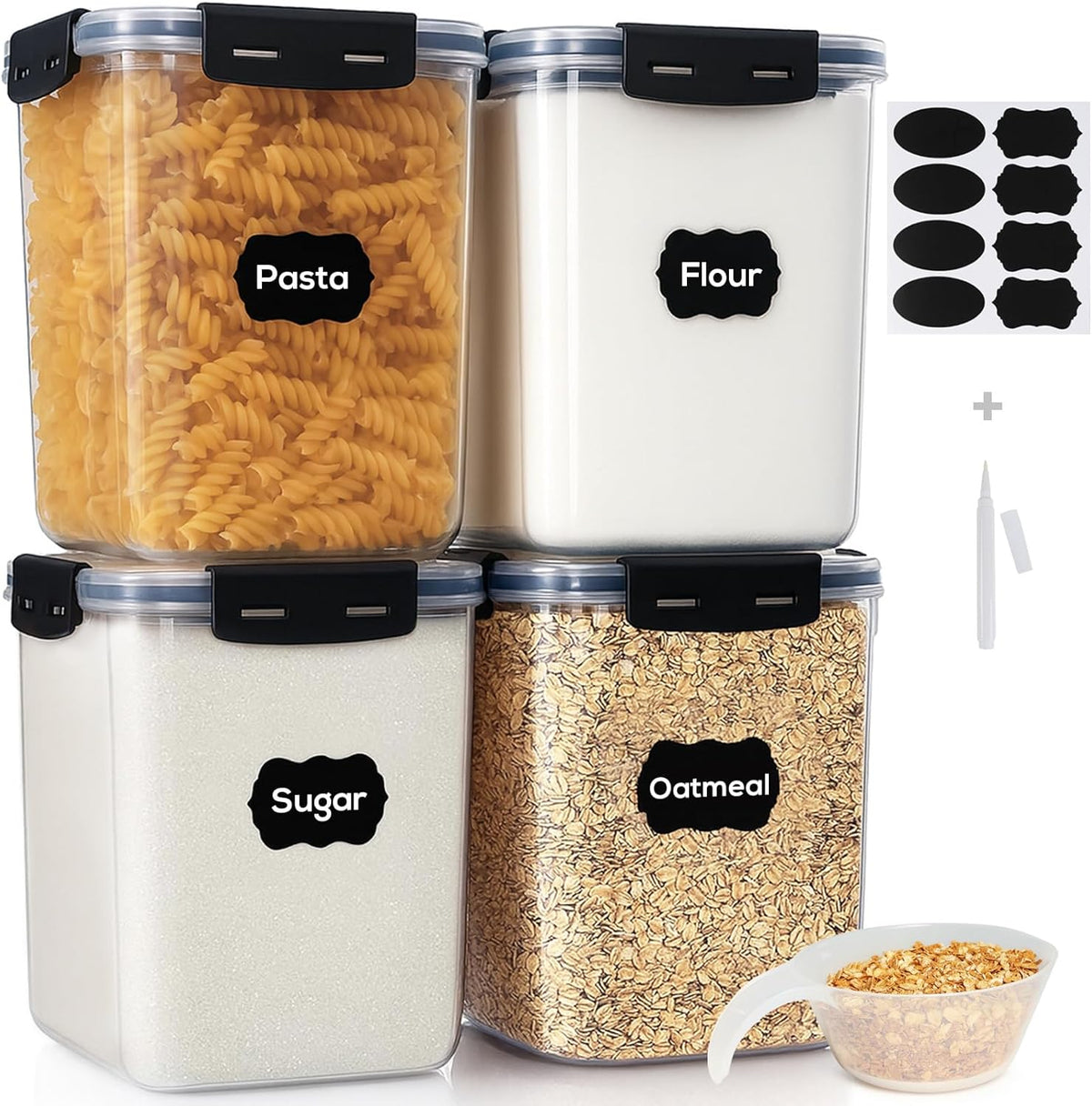 Large Thicker Food Storage Containers with Lids Airtight 5.3L/179Oz, 4pcs Plastic Pantry Storage Container for Dry Food/Flour/Sugar/Pasta/Cereal/Baking Supplies, Canister for Kitchen Organization