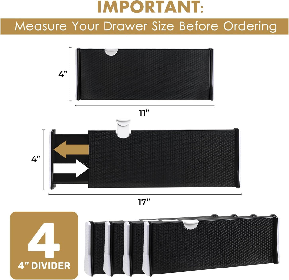 RAPTUROUS Adjustable Drawer Dividers 4 Pack, 4” High, 11-17” Long, Dresser Drawer Organizer for Bedroom, Closet, Kitchen, Nursery, Office, Strong Hold, Soft Foam Edges, Black
