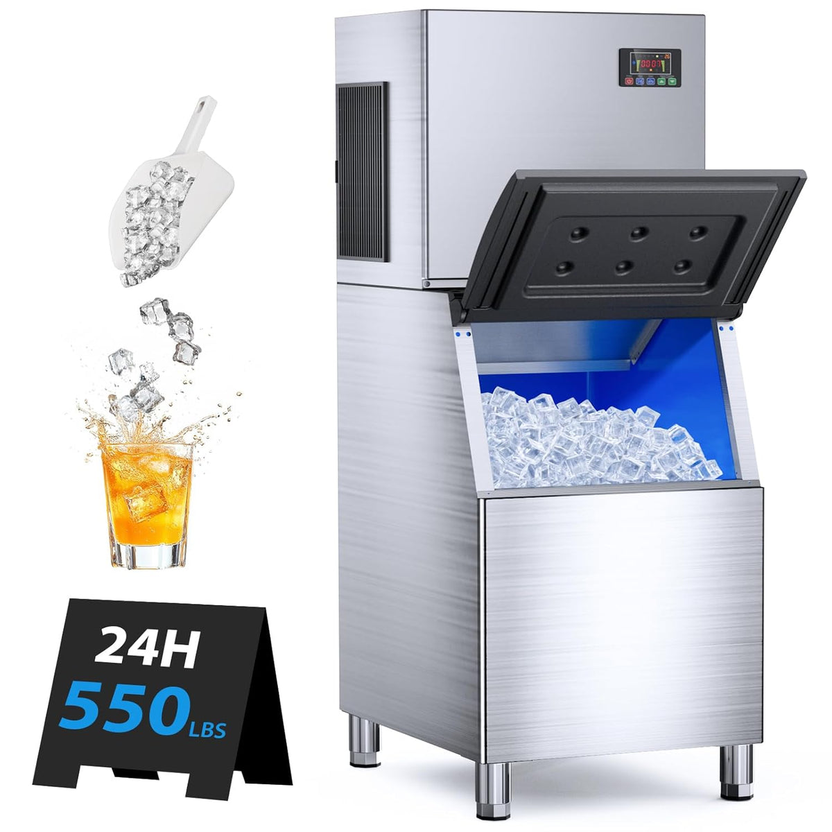 Commercial Ice Maker Machine 550lbs/24H, Ice Ready in 5-15 min, 360lbs Large Storage Bin, Stainless Steel Ice Machine with Water Line Hookup, 12 Adjustable Ice Thicknesses