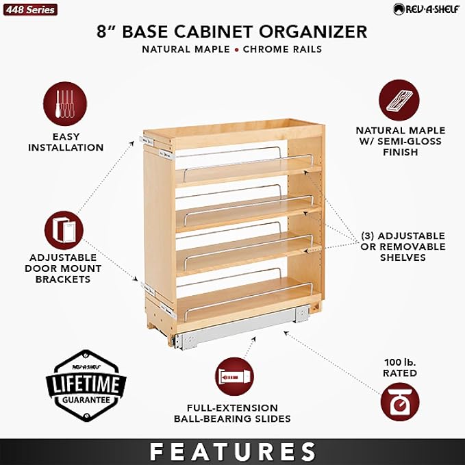 Rev-A-Shelf 8" Pullout Kitchen Cabinet Storage Organizer Slide Out Pantry Spice Rack with Adjustable Shelves for 8.5" W Cabinet Opening, 448-BC-8C