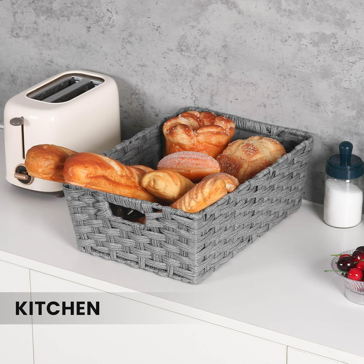 Large Wicker Storage Basket, Metal Frame, Set of 2, Washable Waterproof, 15" x 10.3" x 5.2", Grey Color, Woven Basket for Pantry, Toilet, Bathroom, Bedroom, Patio