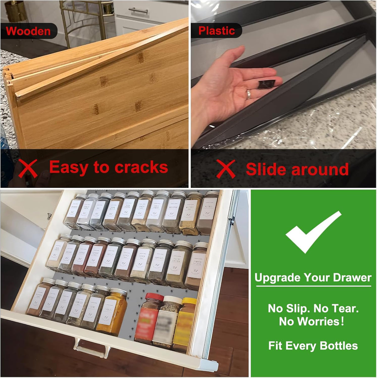 Spice Drawer Organizer insert, Adjustable & Non-Slip Silicone Spice Drawer Liner, in Drawer Spice Organizer for Seasoning Jars and Spices Bottles -Grey