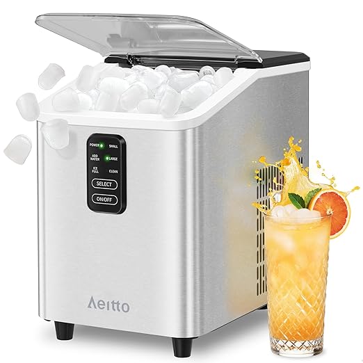 Aeitto Ice Maker Countertop 26lbs/24H, Ice Machine 8 Ice Cubes Ready in 6 Mins, 2 Sizes of Bullet Ice Portable Ice Makers with Basket & Scoop, Auto Self-Cleaning for Home/Kitchen/Office Stainless