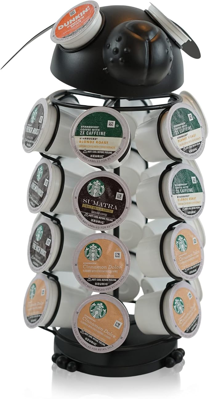 Made Easy Kit Carousel Coffee Pod Holder, Compatible with Keurig K-Pods K-Cups, Countertop Rack Storage Organizer, Metal Home and Kitchen Decor, Capsule Café Station Bar (Small, Black Dog)