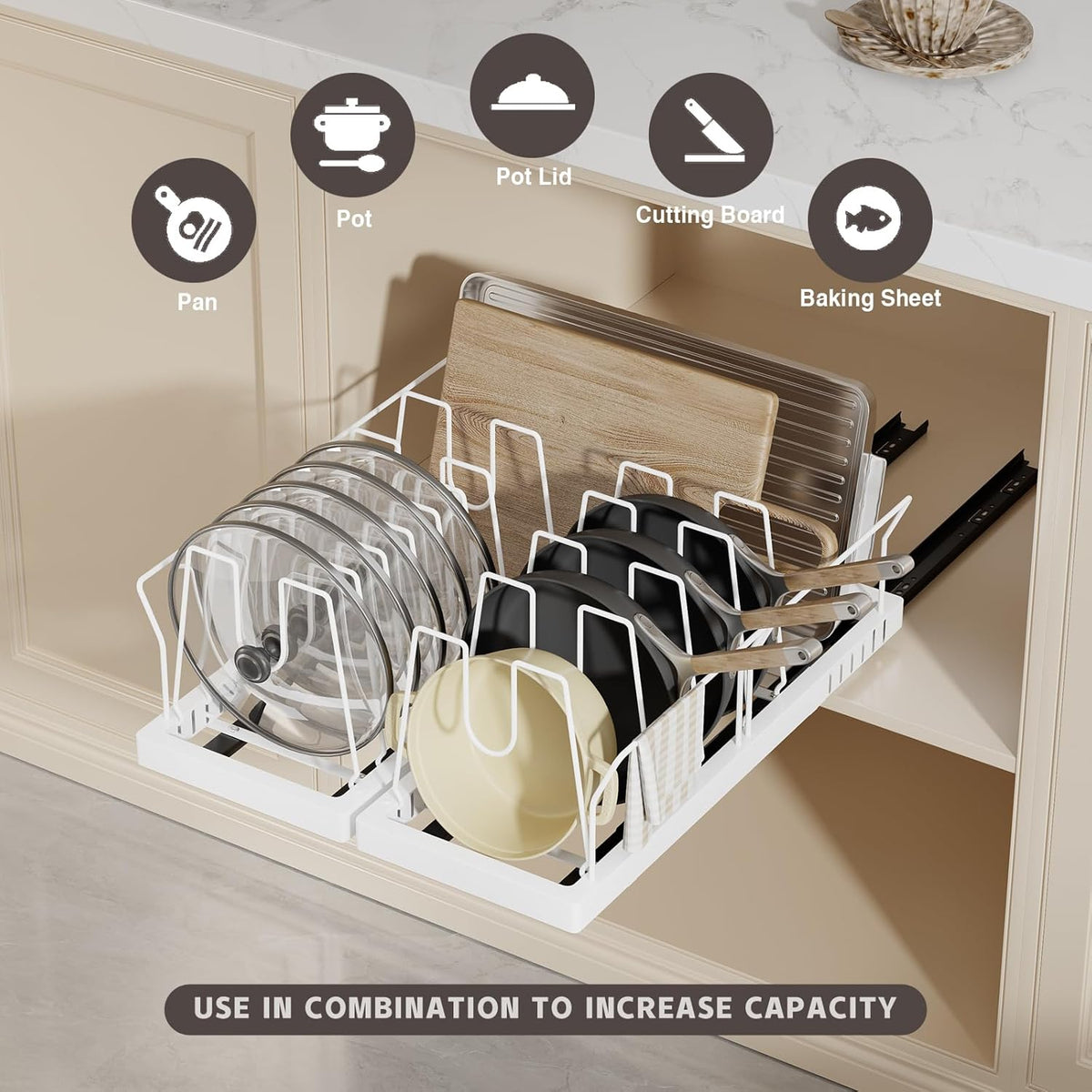 Pots and Pans Organizer Under Cabinet, 22" Deep Expandable Pull Out Pot Lid Organizer and Storage with 10 Adjustable Dividers No Drill Pot and Pan Holder Rack with Handle Bracket(1 Pack,White)